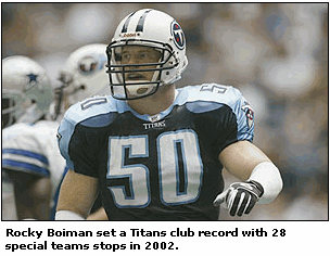 Photo Rocky Boiman set a Titans club record with 28 special teams stops in 2002.