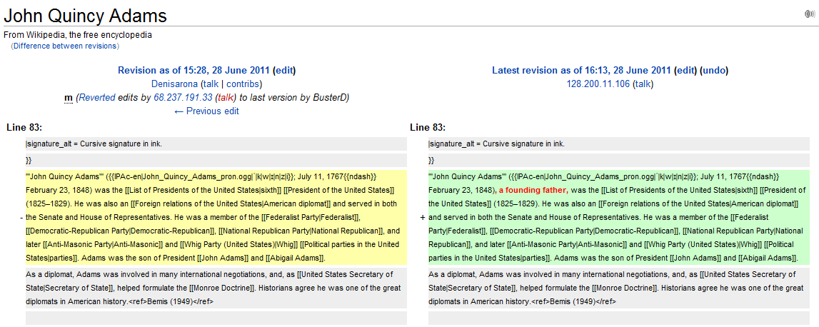 John Quincy Adams’s Wikipedia Page Altered To Make Him A Founding Father