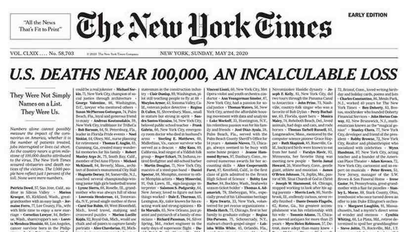 NYT Devotes Front Page to COVID Dead