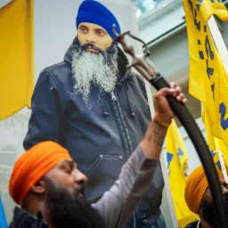 Demonstrators outside the Consulate General of India in Vancouver after the shooting of Hardeep Singh Nijjar, a Sikh separatist leader, in June. Credit...Ethan Cairns/The Canadian Press, via Associated Press