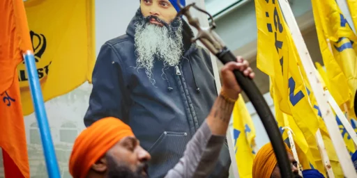 Demonstrators outside the Consulate General of India in Vancouver after the shooting of Hardeep Singh Nijjar, a Sikh separatist leader, in June. Credit...Ethan Cairns/The Canadian Press, via Associated Press