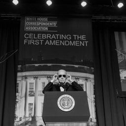 President Joe Biden puts on his aviator sunglasses after making a joke about the “Dark Brandon” persona at the 2023 White House Correspondents’ Association dinner, Saturday, April 29, 2023, at the Washington Hilton in Washington, D.C.