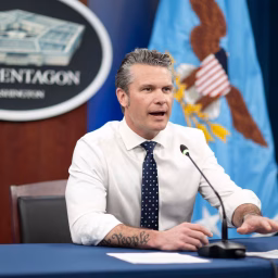 Defense Secretary Pete Hegseth hosts a teleconference with NFL players Aaron Jones and Elijah Higgins during their visit to the 386th Air Expeditionary Wing in Kuwait from the Pentagon, April 2, 2025.