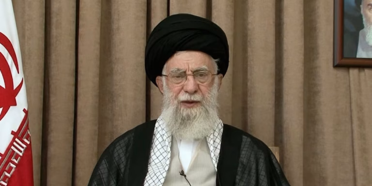 Supreme Leader Ayatollah Ali Khamenei delivers a recorded message.