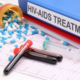 A picture of a file with hiv aids treatment written on the spine together with capsules, blood samples, syringe and an ECG chart.
