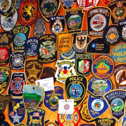 Shown is a portion of a wall that is covered with policemen's patches donated by visitors from all over the world, especially the USA & Europe.