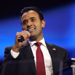 Vivek Ramaswamy speaking with attendees at the 2023 Turning Point Action Conference at the Palm Beach County Convention Center in West Palm Beach, Florida.