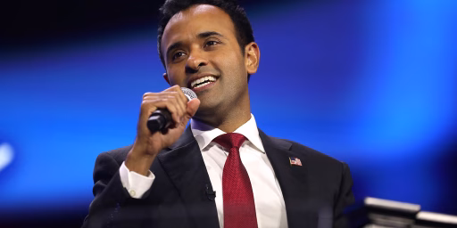 Vivek Ramaswamy speaking with attendees at the 2023 Turning Point Action Conference at the Palm Beach County Convention Center in West Palm Beach, Florida.