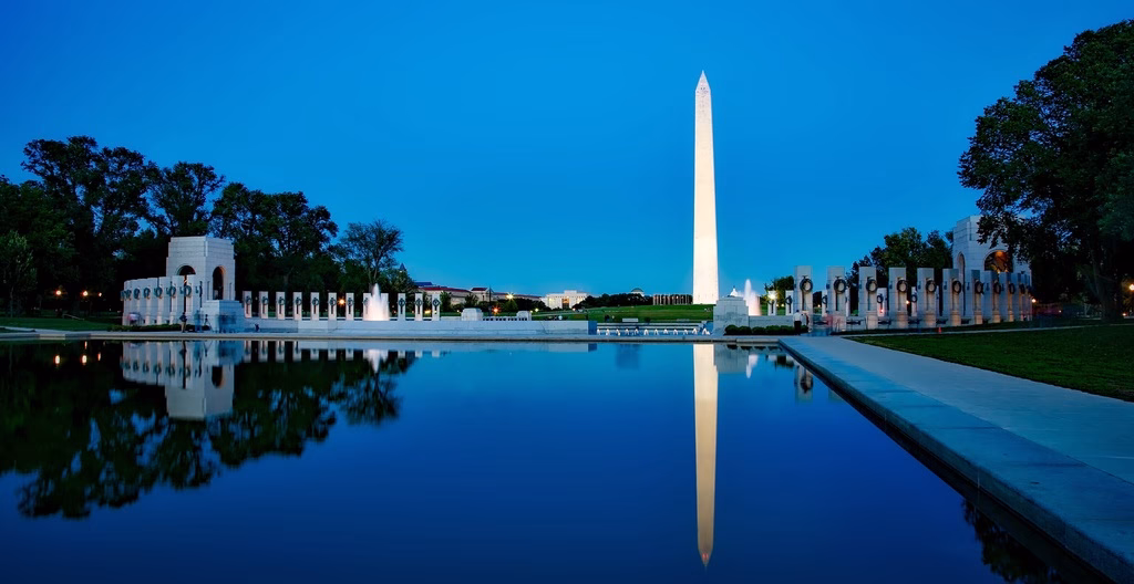 photo of water, architecture, sky, sunset, dusk, evening, twilight, reflection, swimming pool, landmark, historic, tourism, waterway, washington monument, hdr, picturesque, reflections, estate, attractions, c, silhouettes, washington dc, reflecting pool, world war ii memorial
