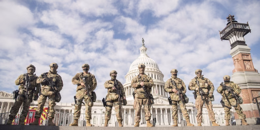 Virginia National Guard Airmen assigned to the 192nd Security Forces Squadron, 192nd Mission Support Group, 192nd Wing help to secure the grounds near the U.S. Capitol, Jan. 13, 2021, in Washington, D.C. National Guard Soldiers and Airmen from several states have traveled to Washington to provide support to federal and district authorities leading up to the 59th Presidential Inauguration. (U.S. Air National Guard photo by Staff Sgt. Bryan Myhr)