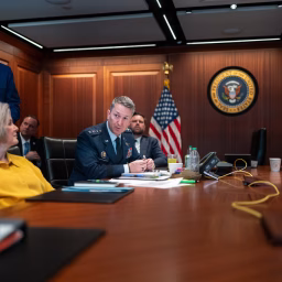 President Donald Trump, Chief of Staff Susie Wiles, Chairman of the Joint Chiefs of Staff Dan Caine, Vice President JD Vance, and Secretary of State Marco Rubio meet in the Situation Room of the White House, Saturday, June 21, 2025. Portions of this photo have been blurred for security purposes.
