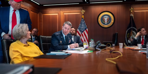 President Donald Trump, Chief of Staff Susie Wiles, Chairman of the Joint Chiefs of Staff Dan Caine, Vice President JD Vance, and Secretary of State Marco Rubio meet in the Situation Room of the White House, Saturday, June 21, 2025. Portions of this photo have been blurred for security purposes.