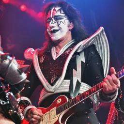 KISS lead guitarist Ace Frehley plays between Gene Simmons -L- and Paul Stanley -R- during the guitar exchange portion of the song DETROIT, ROCK CITY in Bakersfield, CA during the band's Farewell Tour, March 21, 2000.