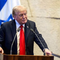 President Donald Trump delivers remarks to the Knesset in Jerusalem, Israel, Monday, October 13, 2025, celebrating the U.S.-brokered ceasefire and hostage release agreement between Israel and Hamas.