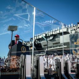President Donald Trump delivers remarks in honor of the U.S. Navy 250th anniversary celebration at the USS Harry S. Truman aircraft carrier at Naval Station Norfolk in Norfolk, Virginia