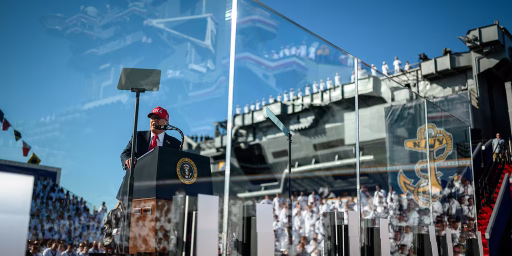 President Donald Trump delivers remarks in honor of the U.S. Navy 250th anniversary celebration at the USS Harry S. Truman aircraft carrier at Naval Station Norfolk in Norfolk, Virginia