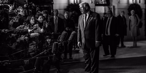 President Donald Trump speaks to members of the media before boarding Marine One on the South Lawn of the White House en route Joint Base Andrews, Maryland on Friday, December 19, 2025.