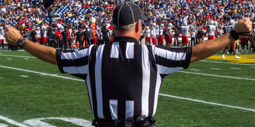 Referee, American football game, stadium.