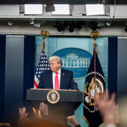 President Donald Trump addresses members of the media in the James S. Brady Press Briefing Room, Tuesday, January 20, 2026.