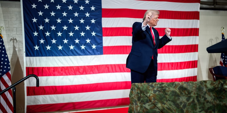 President Donald Trump delivers remarks to military families at Fort Bragg, North Carolina, Friday, February 13, 2026.