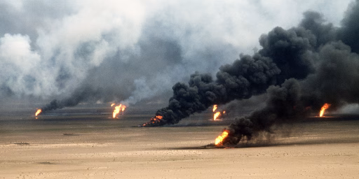 Oil well fires rage outside Kuwait City in the aftermath of Operation Desert Storm. The wells were set on fire by Iraqi forces before they were ousted from the region by coalition force.