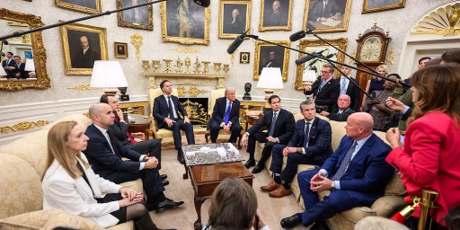 President Donald Trump speaks with members of the media alongside NATO Secretary General Mark Rutte, Secretary of State Marco Rubio, and Secretary of War Pete Hegseth in the Oval Office, Wednesday, October 22, 2025.