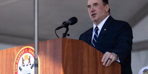 The 79th Secretary of the Navy, the Honorable John C. Phelan, delivers a speech during the USS Harvey C. Barnum Jr. ship commissioning at Naval Station Norfolk, Virginia, April 11, 2026.